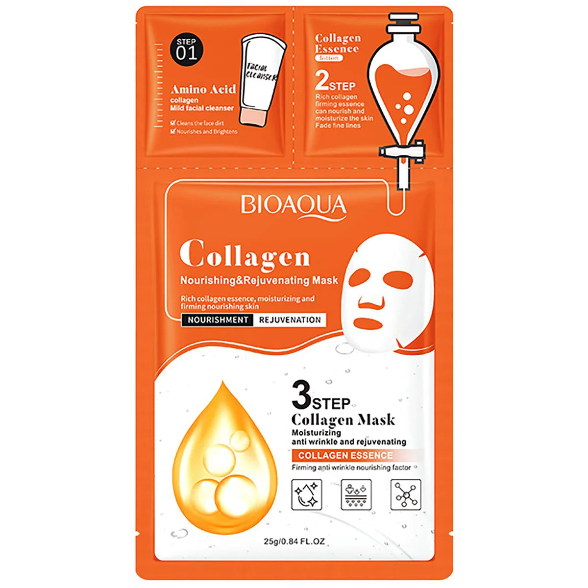 BIOAQUA 3 Step Collagen Nourishing & Rejuvenating Facial Sheet Mask (25ml 1 Pcs)